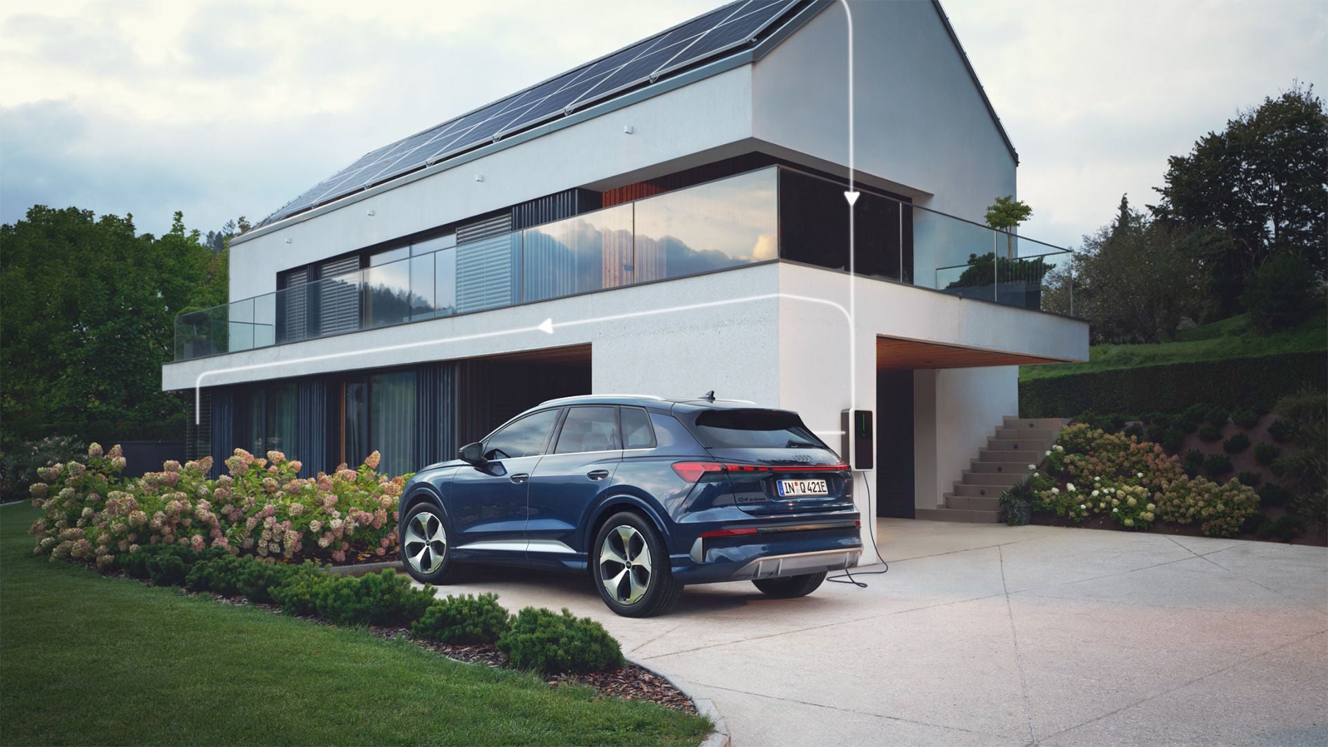 Ein Audi Q4 e-tron steht angeschlossen an einer Wallbox vor einem Haus. Pfeile signalisieren, wie der Strom geleitet wird.