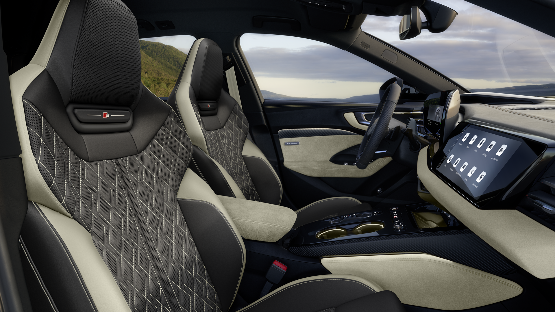 Blick durch das Beifahrerfenster in das Cockpit des A5 Avant e-hybrid. Sportsitze in Leder-Kombination mit Rautensteppung.