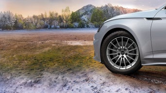 Vorderer Teil eines silbernen Audi auf gemischtem Untergrund zwischen Frost und Gras in herbstlicher Landschaft.