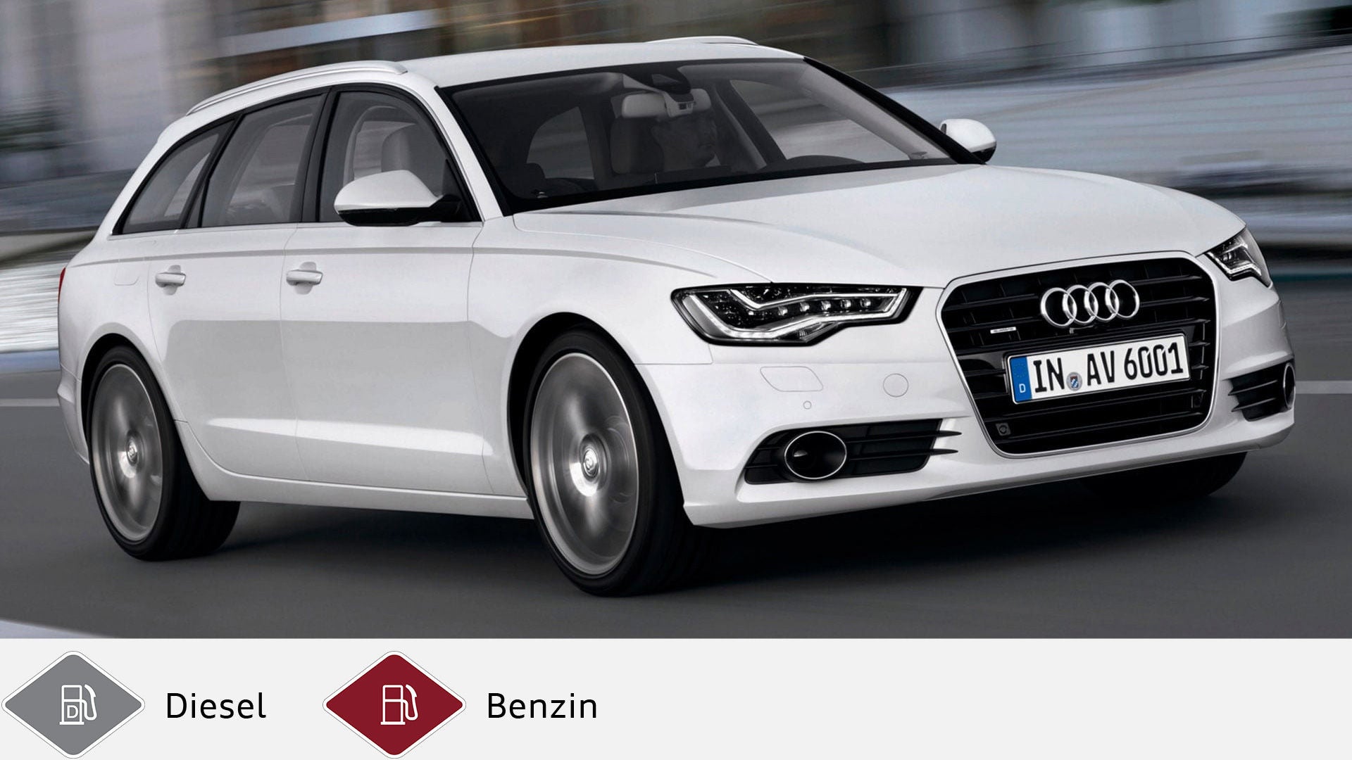 Weißer Audi A6 Avant (2011–2018) in Fahrt mit LED-Frontscheinwerfern. Unten graues Dieselsymbol und rotes Benzinsymbol.