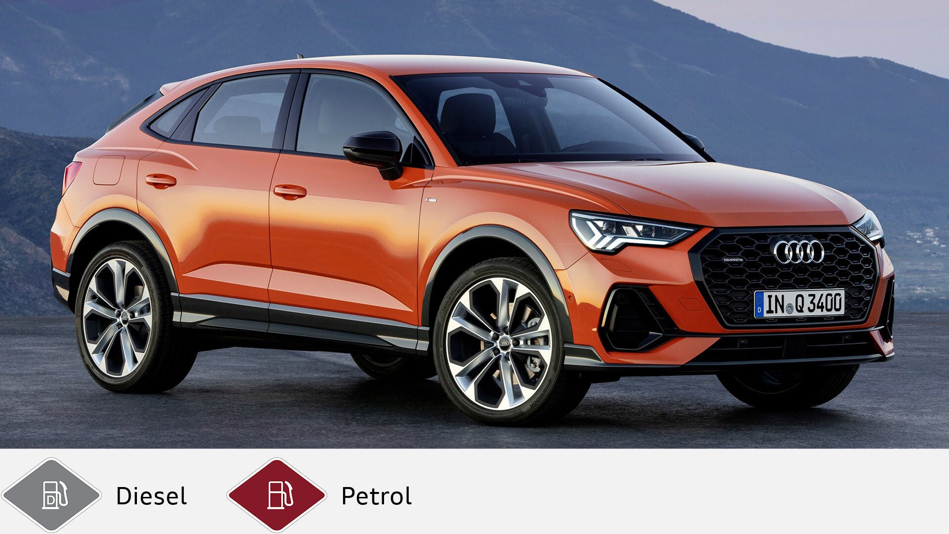 Orange Audi Q3 Sportback in front of a mountain landscape, photographed at a slight angle from the front left. Below gray diesel symbol and red gasoline symbol.