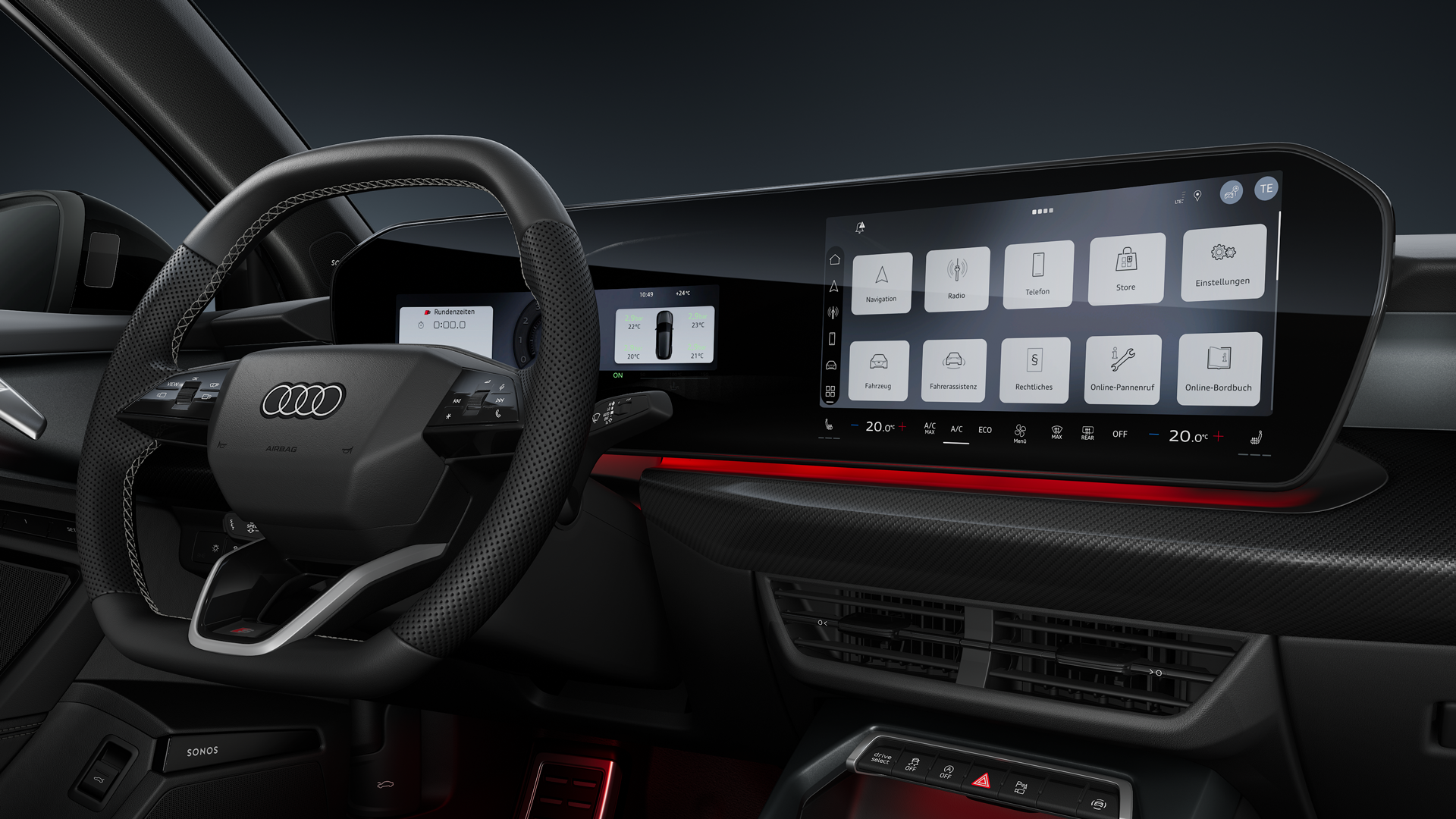 Blick auf das Cockpit mit Fokus auf das Sportlederlenkrad und das geschwungene Panoramadisplay.