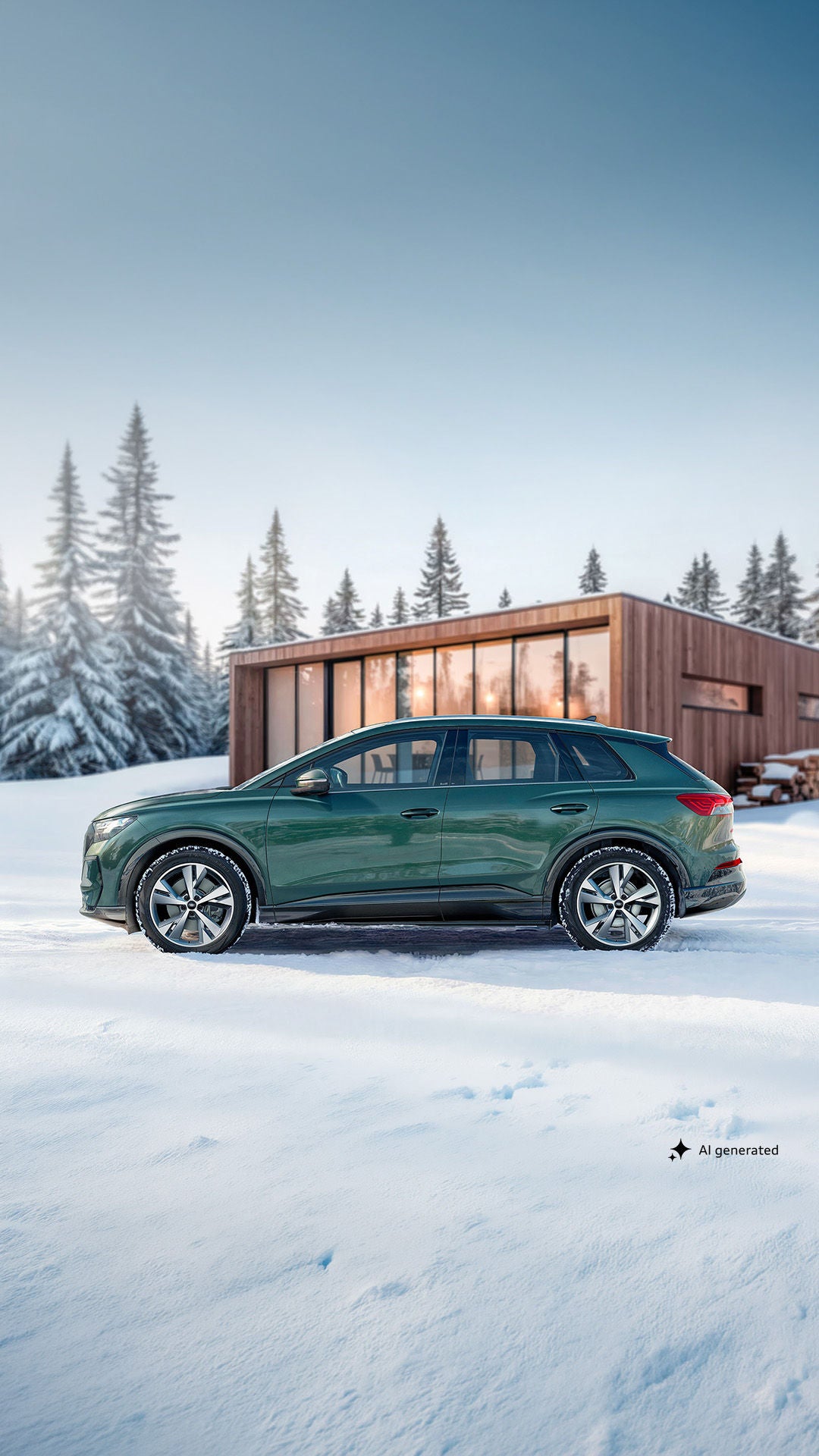 Grüner Audi SUV auf verschneiter Fläche vor einem modernen Holzhaus in winterlicher Waldlandschaft.