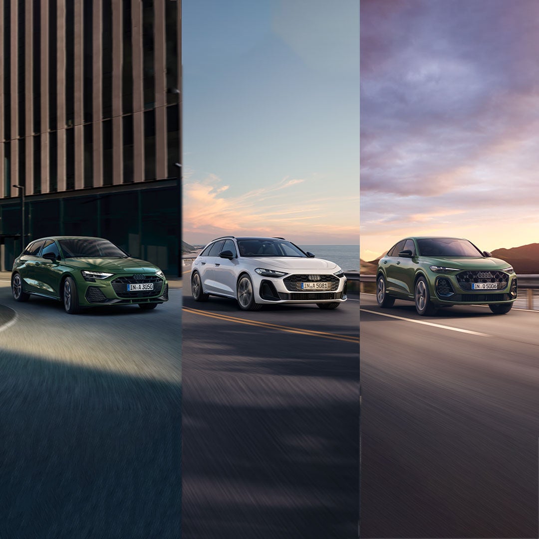 「Audi A3、Audi A5、Audi Q5が横並びに走っている写真