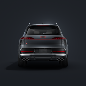 The Audi SQ9, viewed from the front and from the rear, against a dark background.