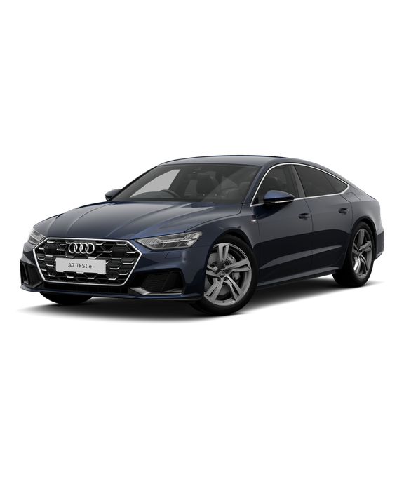 A blue Audi A7 TFSI e sedan s-line trim against a plain background.