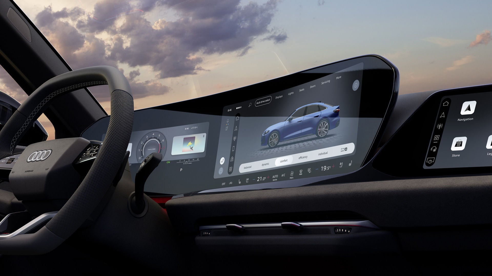 Interior and cockpit of the S5 Avant from the passenger's perspective. The interior is illuminated by orange ambient lighting.