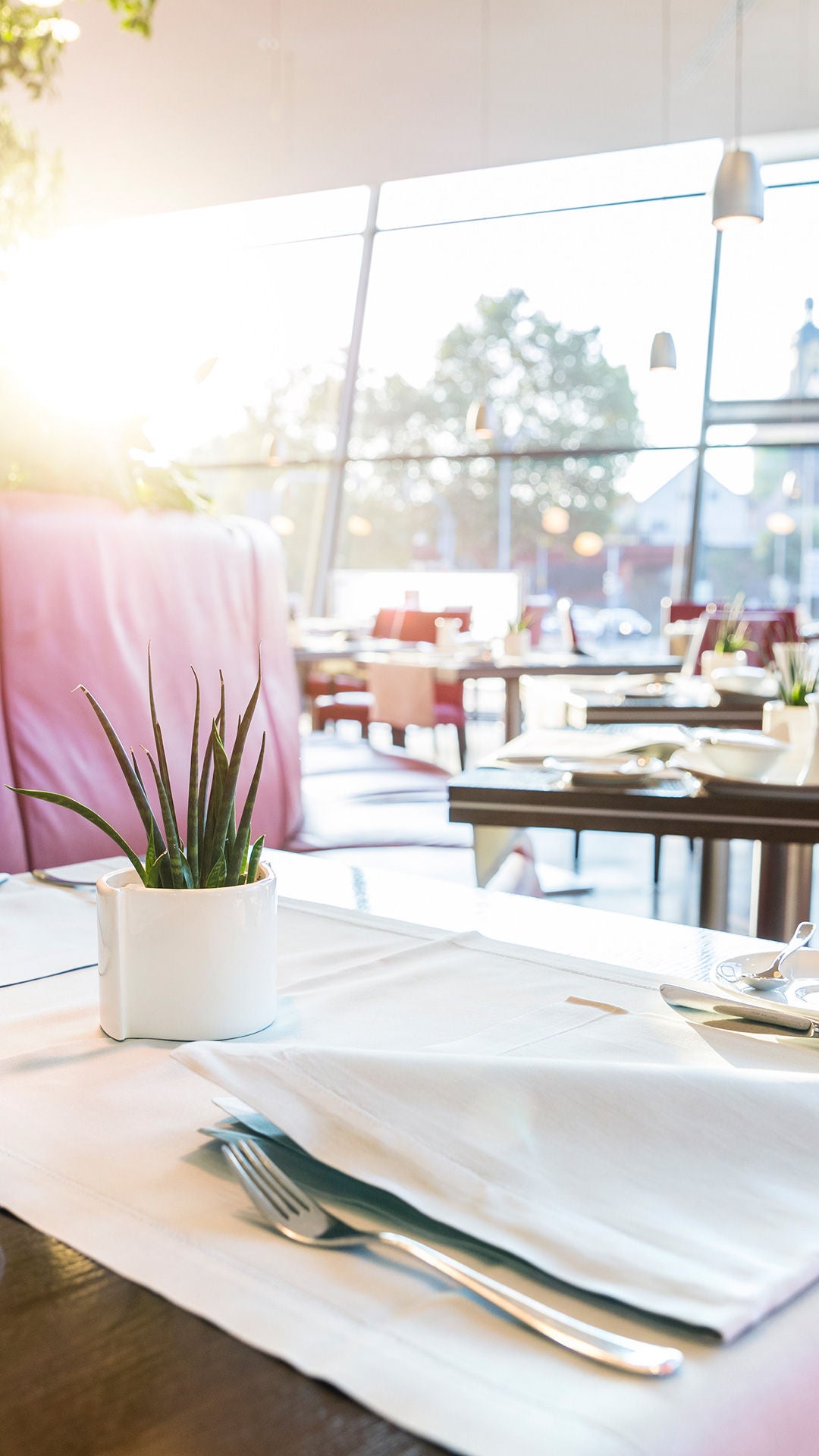 Set tables in the Nuvolari restaurant in white with a plant, the seating is in red, in the background a glass front with a view outside in daylight.