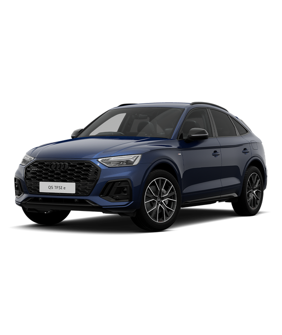 A blue Audi Q5 Sportback tfsie black edition trim against a plain background.