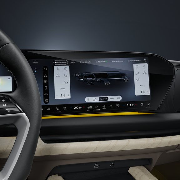 Nahaufnahme des Virtual Cockpits mit Komfortklimaautomatik.