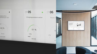 Anzeige zeigt aktiven Ladevorgang mit 51 % Batteriestand, daneben Sitzbereich mit Monitor und heller Holzwand.