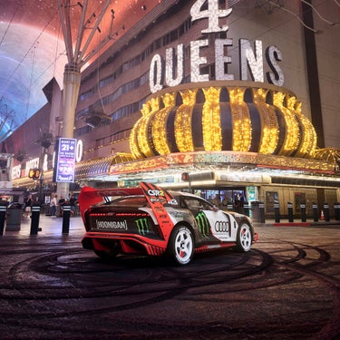 Foto del aleron trasero y las luces traseras del Audi S1 e-tron quattro Hoonitron de Ken Block protagonista de Electrikhana. 