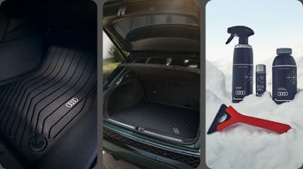Trois images présentent des accessoires Audi : un tapis de sol en caoutchouc sur mesure, un tapis de protection de coffre et un kit d’entretien hivernal avec grattoir à glace dans la neige.