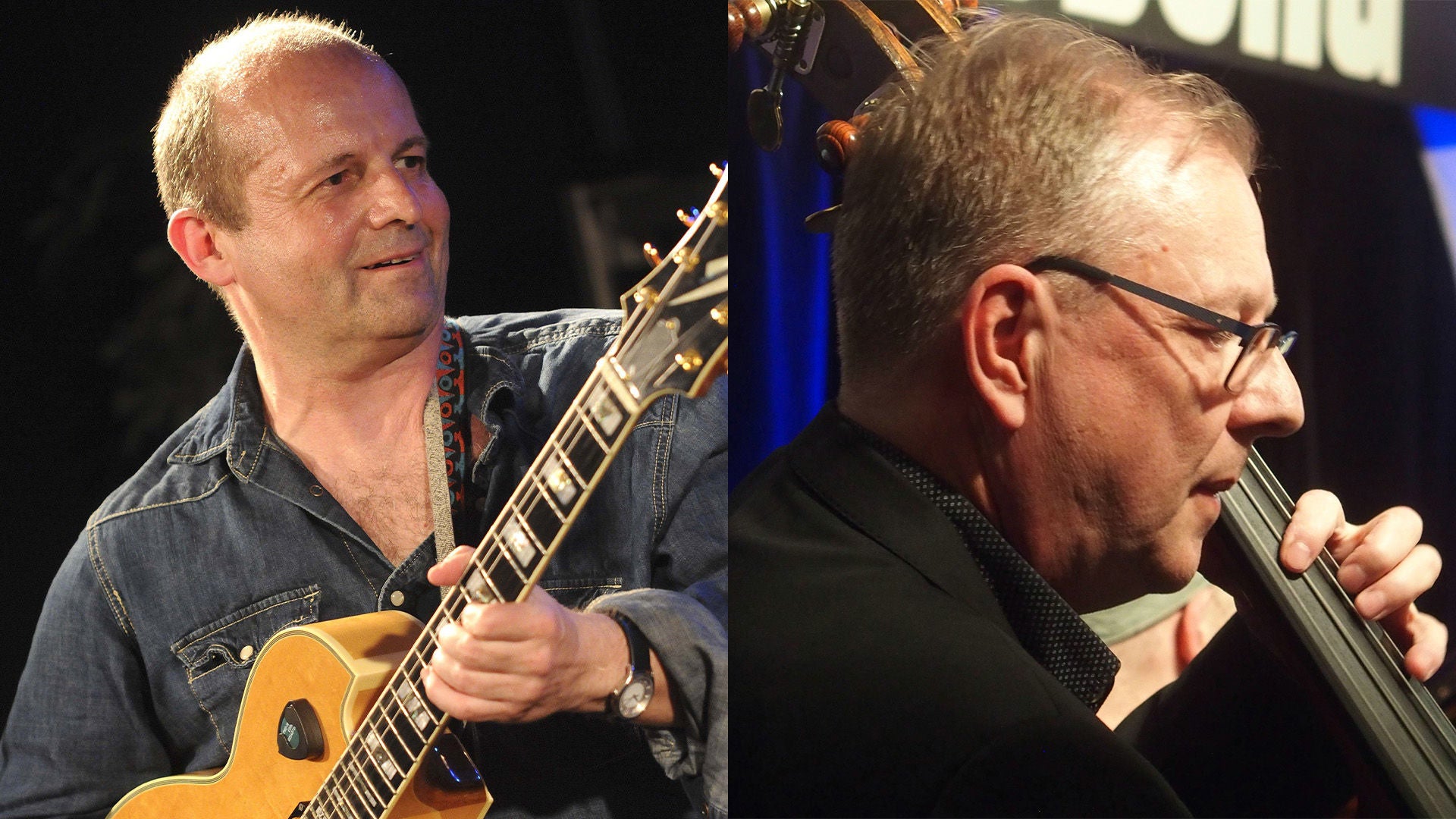 Geteiltes Bild: Gitarrist auf Bühne links; rechts Musiker mit Brille spielt Kontrabass im Profil.