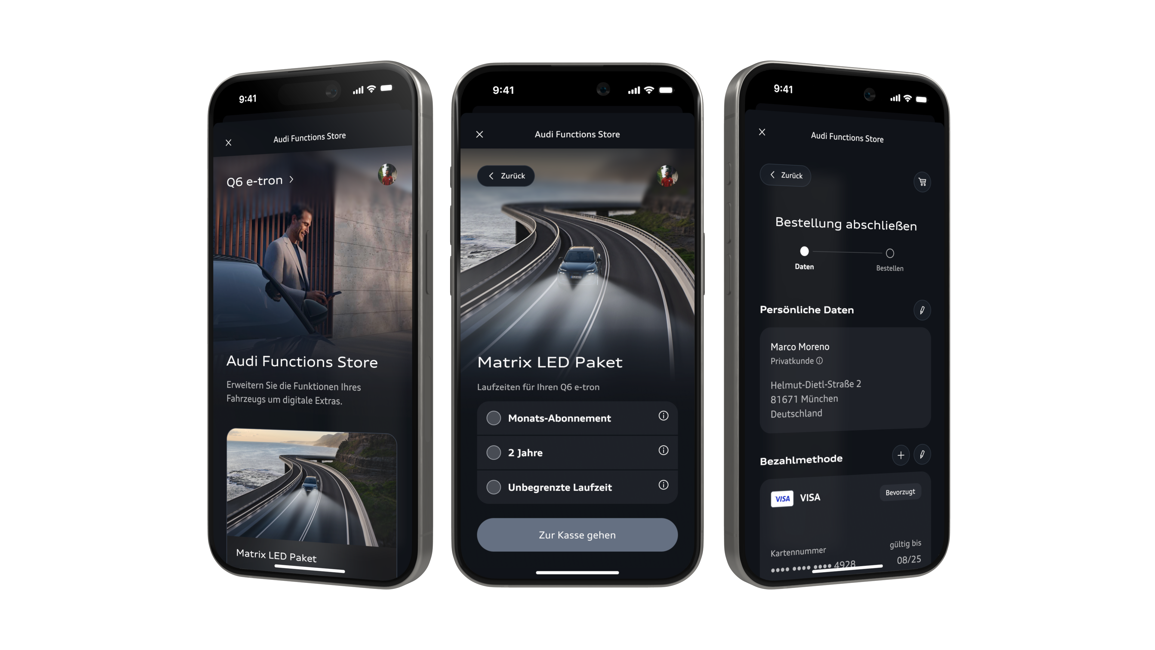 Ausschnitt des AUdi Function Store auf 3 Apple Handys dargestelllt