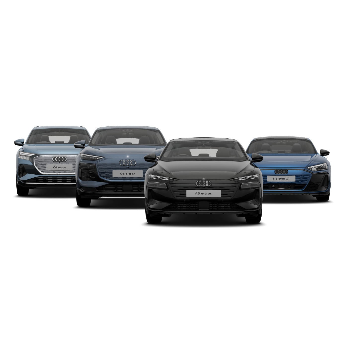 Four Audi electric vehicles (Q4 e-tron, Q6 e-tron, A6 e-tron, S e-tron GT) in a row, front view.