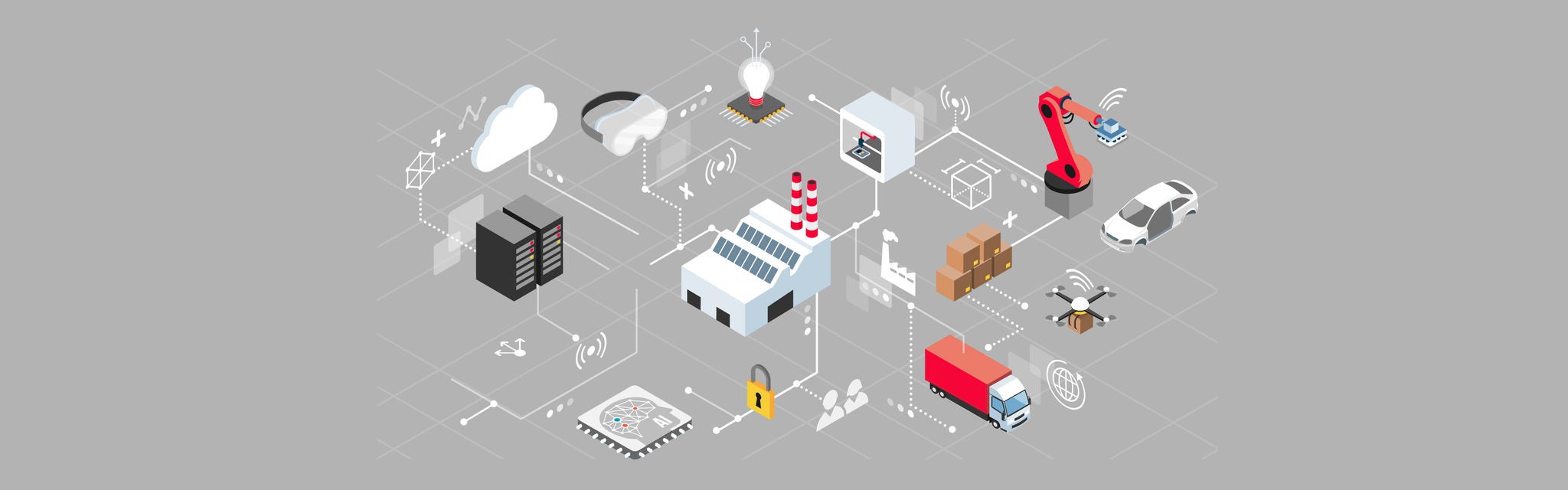 Isometrische Darstellung einer Smart Factory mit verschiedenen vernetzten Technologien