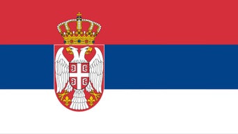 Flag of Serbia with horizontal red, blue, and white stripes and a coat of arms near the hoist side.