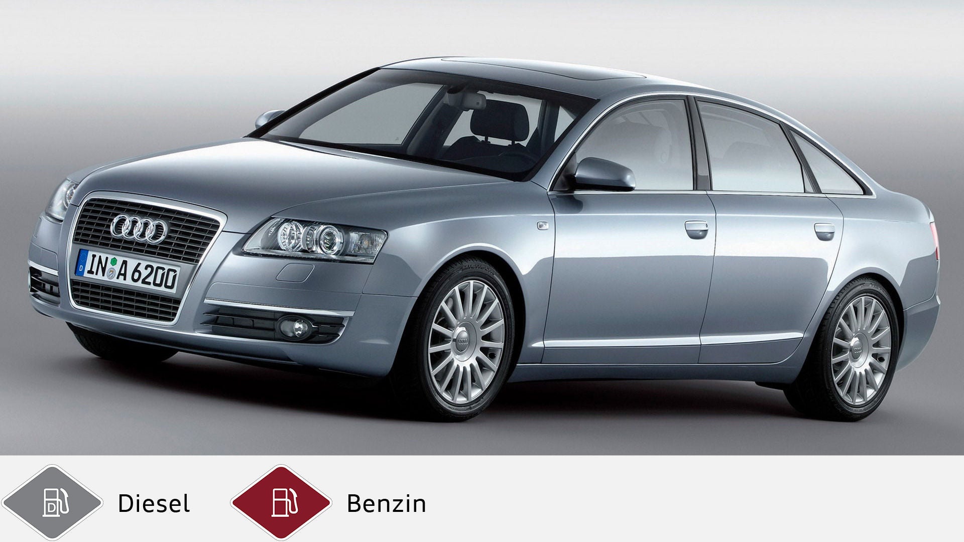 Silberner Audi A6 Limousine (2004–2008) im Studio, mit glatten Linien und Chromakzenten. Unten graues Dieselsymbol und rotes Benzinsymbol.