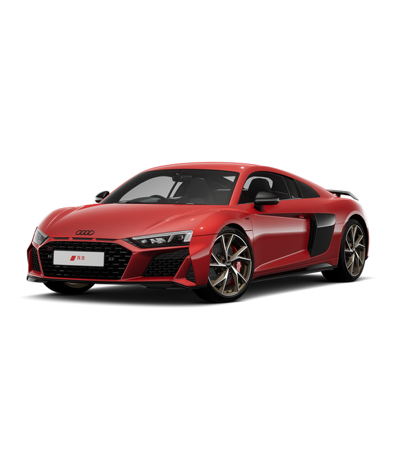 Red Audi R8 Coupe car on a plain background.