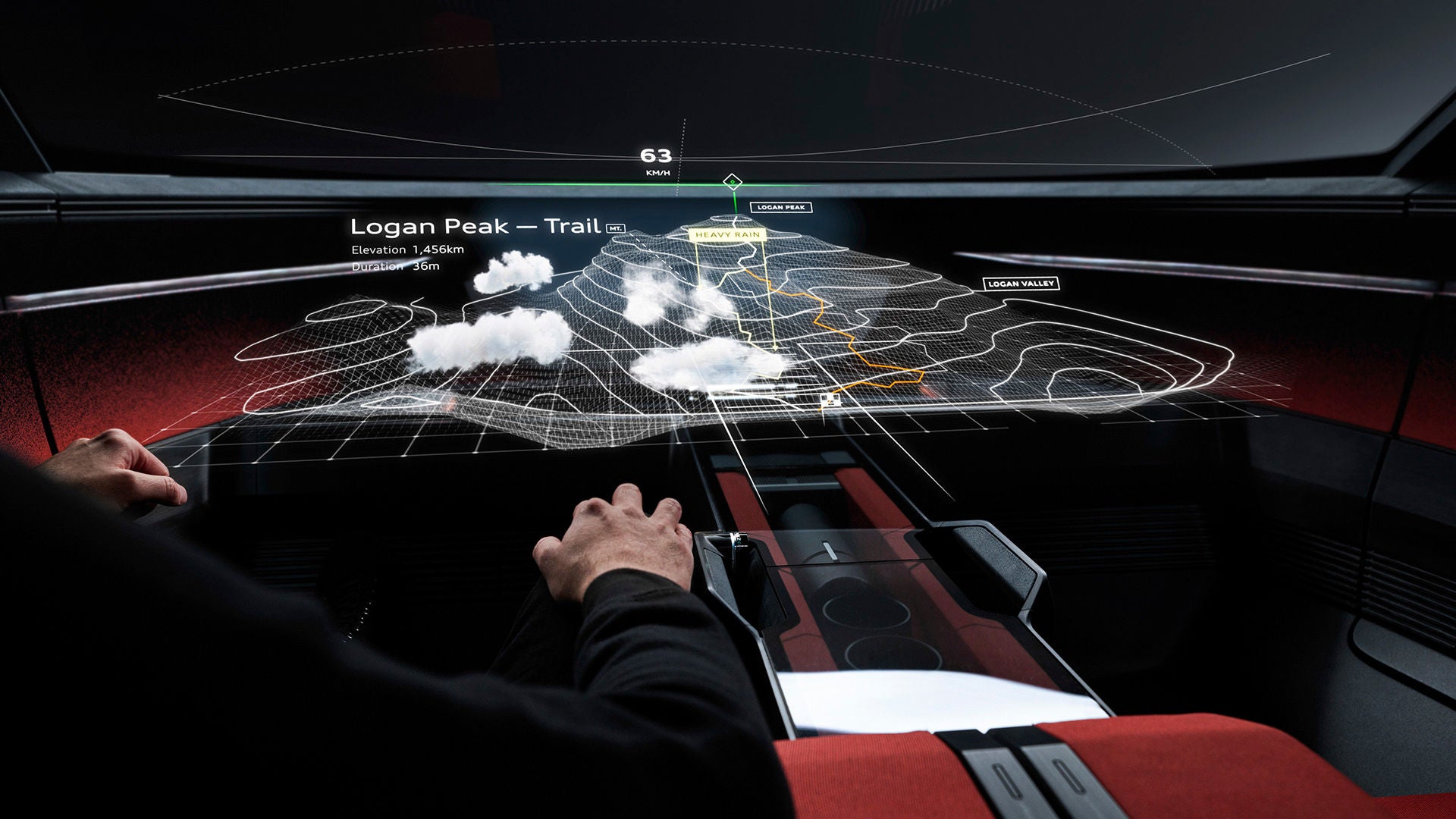 A futuristic heads-up display shows route planning in 3D with weather data and other information.
