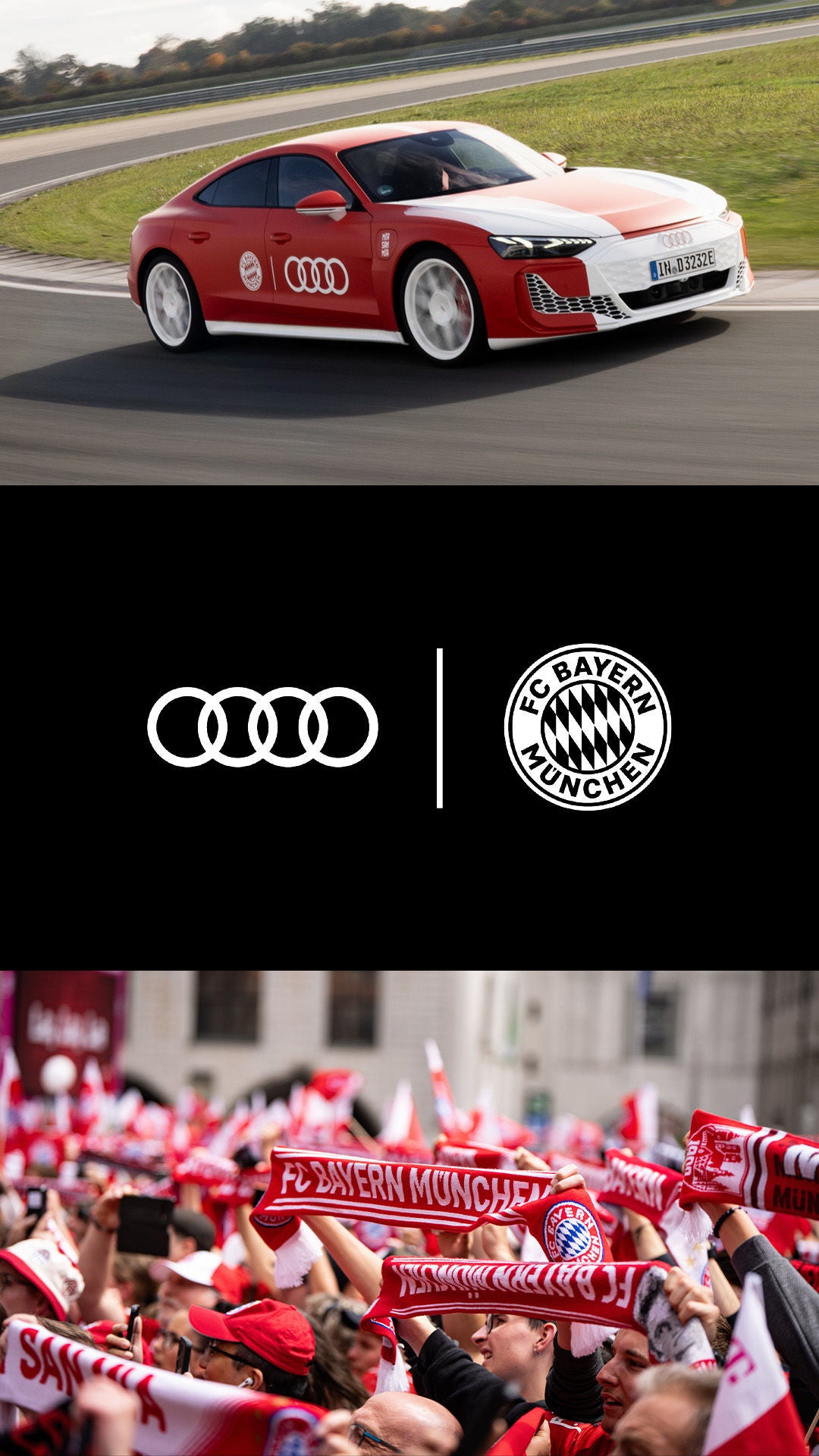 Collage mit rotem Audi RS e-tron GT FC Bayern Concept mit FC-Bayern-Branding auf Rennstrecke, weißes Audi- und FC-Bayern-Logo auf schwarz sowie Fans mit FC-Bayern-Schals.