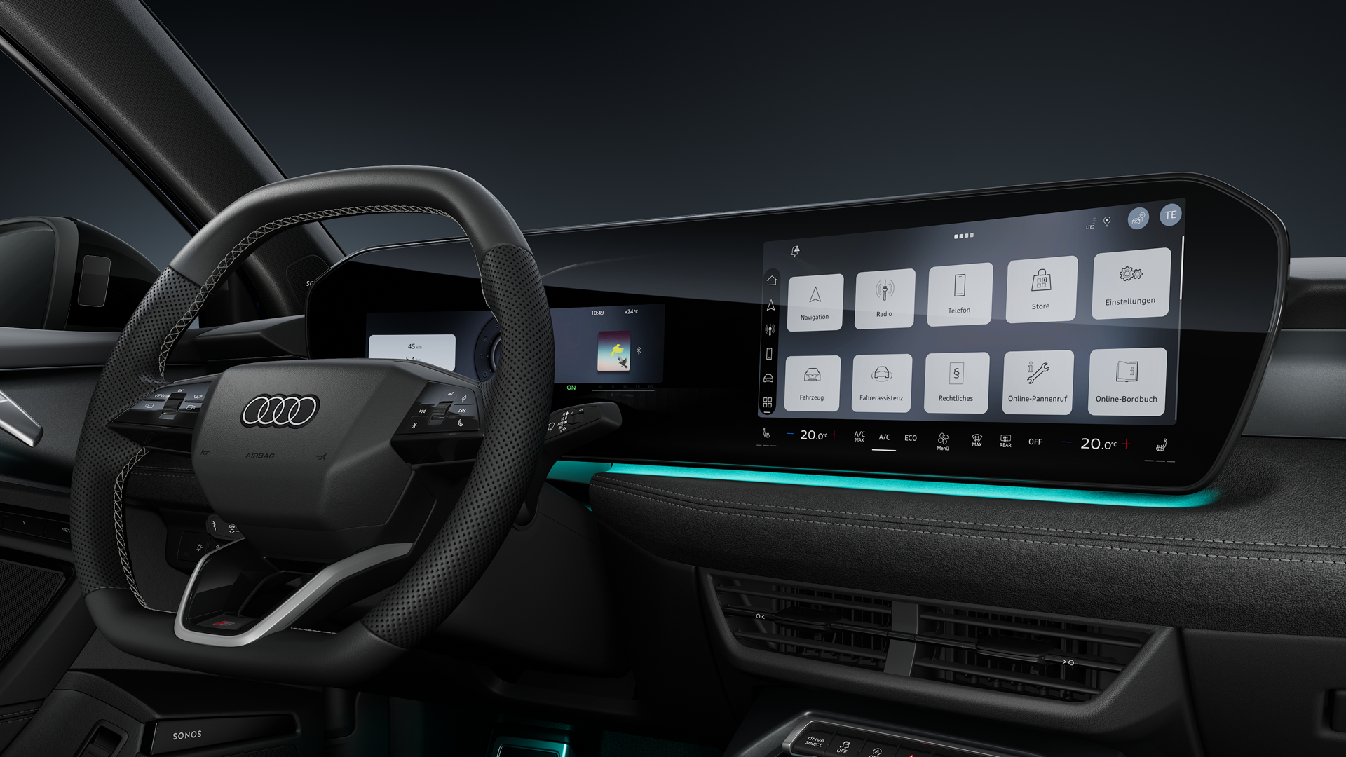 A side view of the cockpit, featuring the sports steering wheel, the curved panoramic display and the ambient lighting.