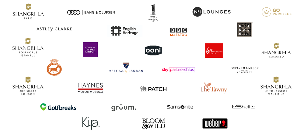 Logos of various companies including an audio equipment brand, a hotel, a lounge brand, a heritage organisation, and a media company.