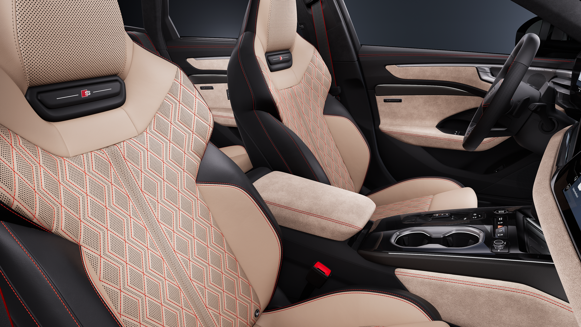 View of the cockpit from the passenger side, focusing on the sports seats in a combination of Moravian purple and diamond silver leather with contrasting stitching in raspberry red.