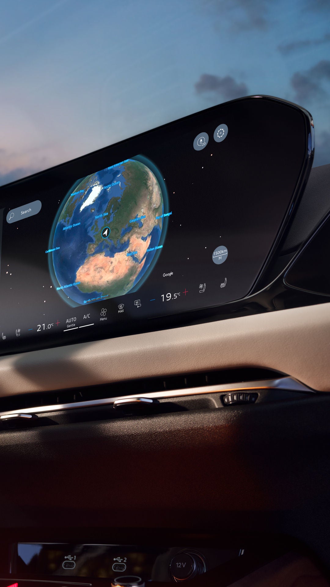 Digital Audi cockpit at sunset with navigation map, music player, and climate display on a large panoramic display.