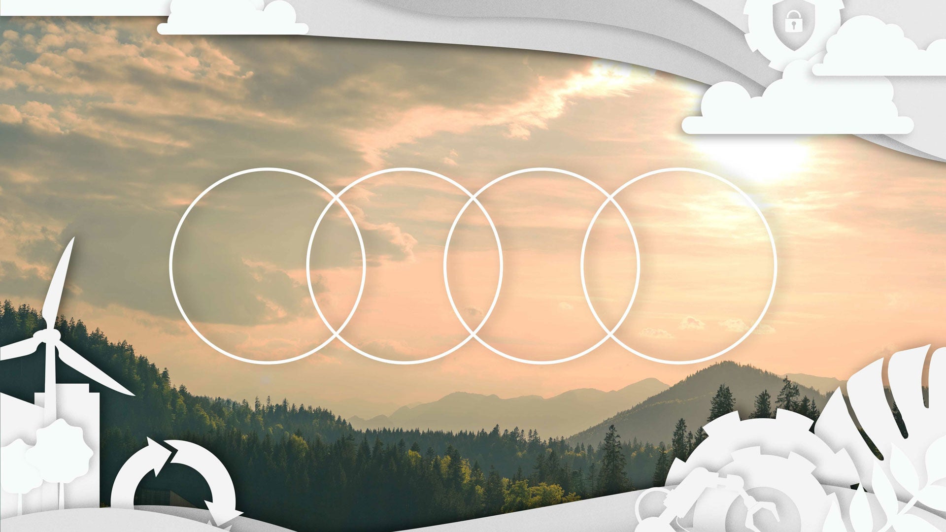 Audi-Logo vor bewaldeter Hügellandschaft im Sonnenuntergang, umgeben von weißen Symbolen für Nachhaltigkeit und Umwelt.