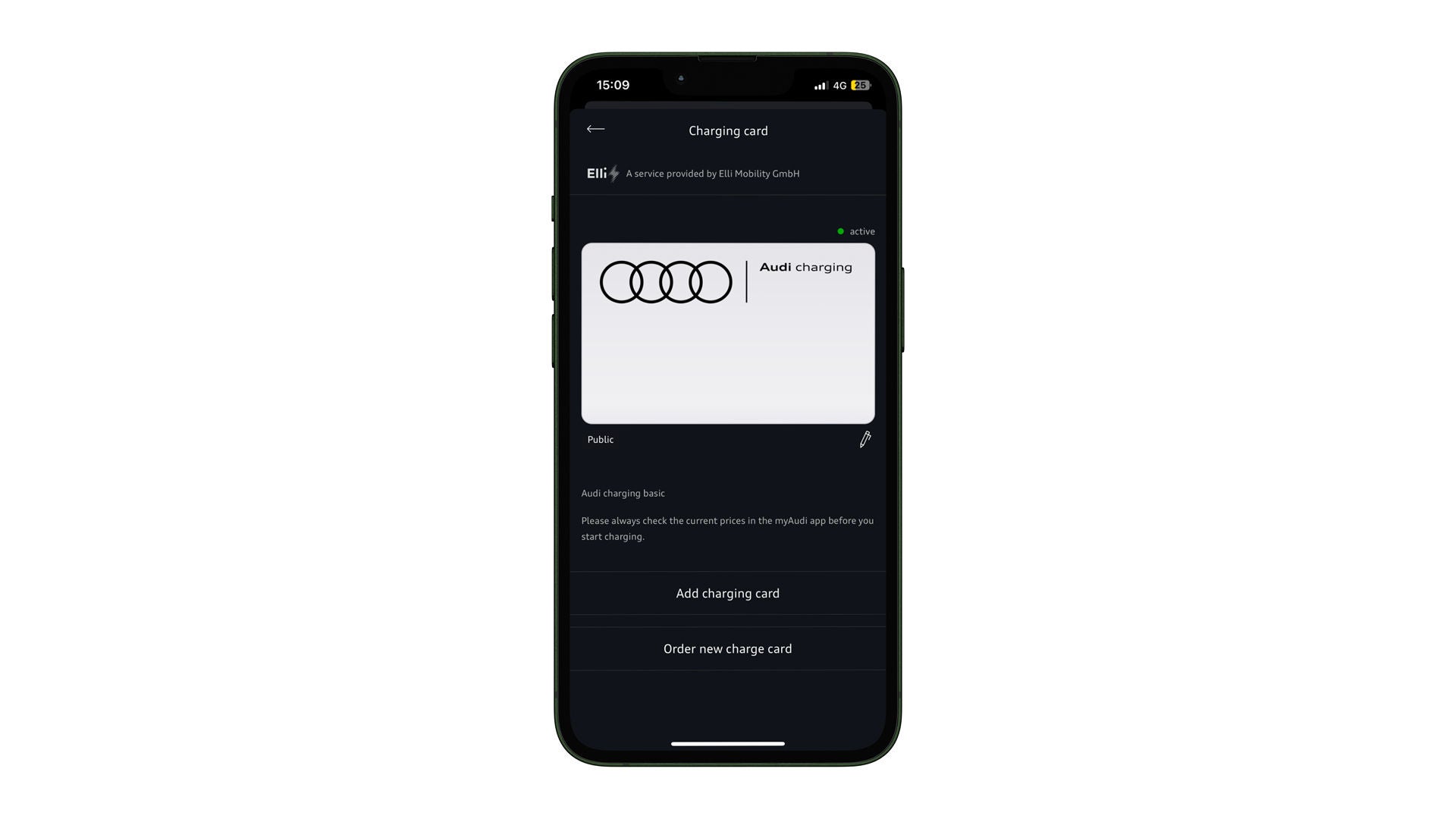 Mobile phone with the MyAudi app displayed on screen