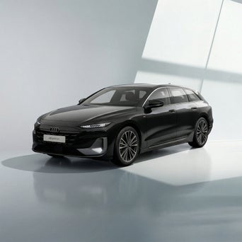 Schwarzer Audi A6 Avant e-tron in der Halbtotalen in einem hellen Studio mit grauem Boden und weichen Lichteffekten.