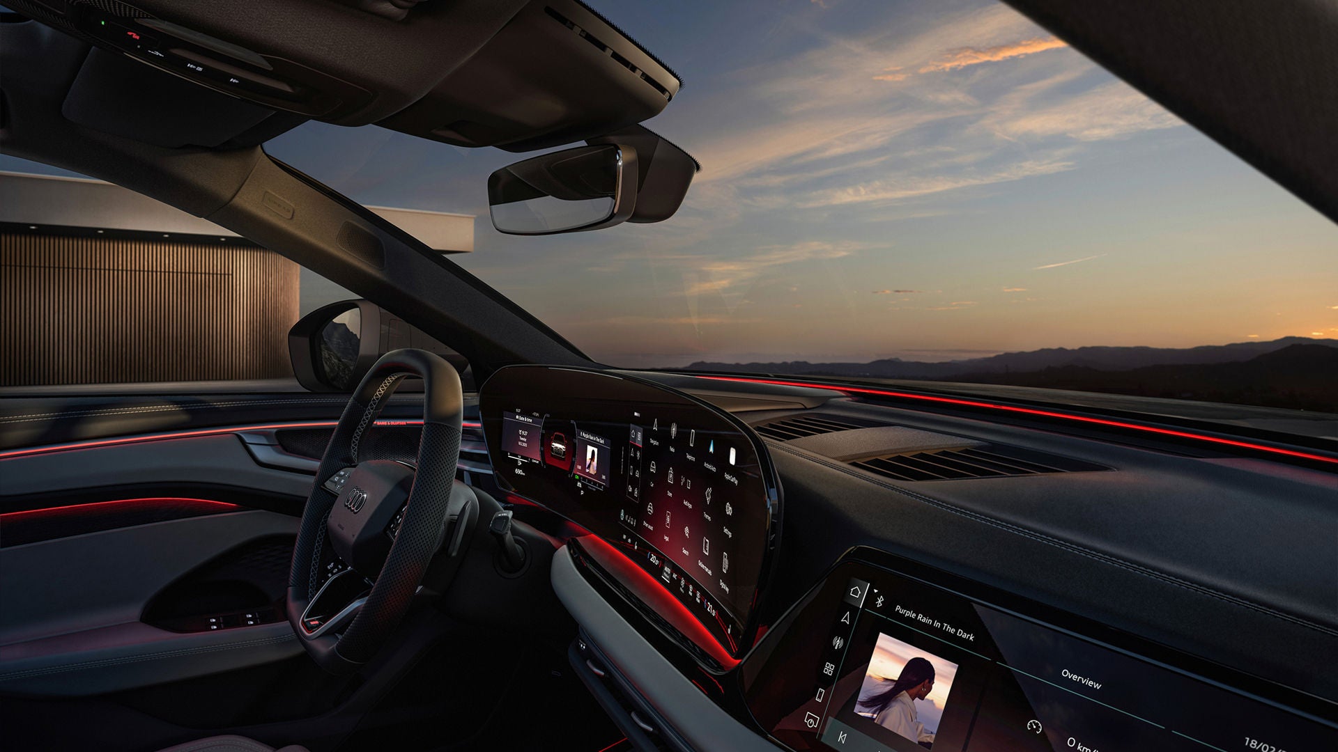 Sleek car interior showcasing a modern dashboard with ambient lighting, advanced touchscreen controls, and a scenic sunset view.
