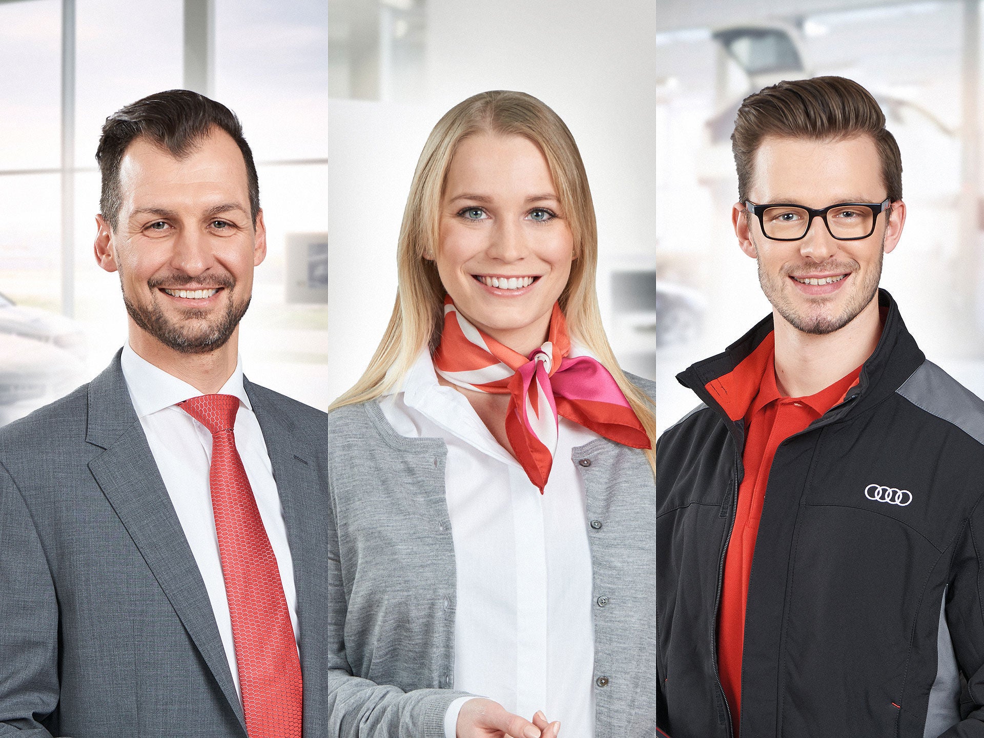 Drei Personen aus verschiedenen Bereichen stehen in ihrer jeweiligen Arbeitskleidung nebeneinander