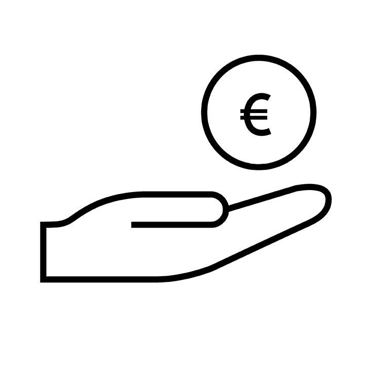 Piktogramm einer ausgestreckten Hand mit einer Münze darüber, auf der ein Euro-Zeichen abgebildet ist.