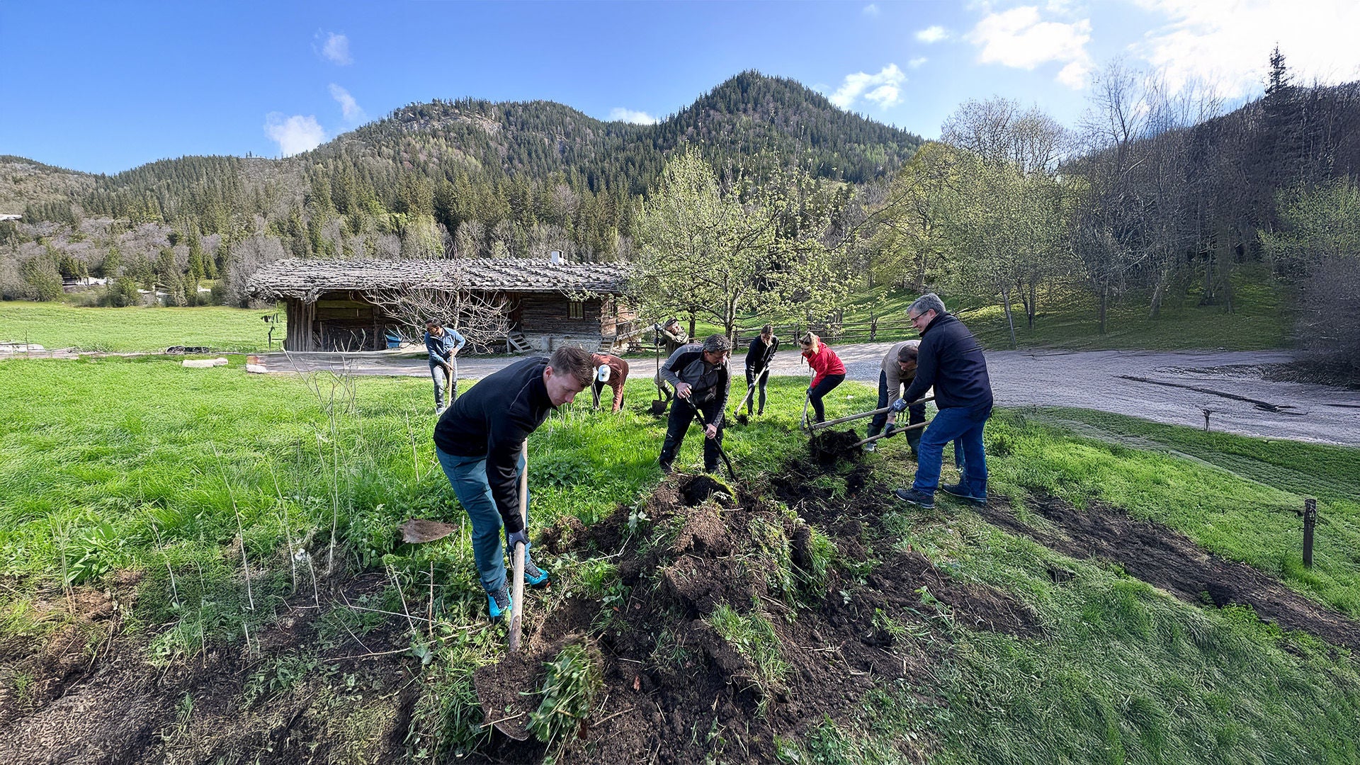 Freiwillige Helfer graben den Boden mit Schaufeln um