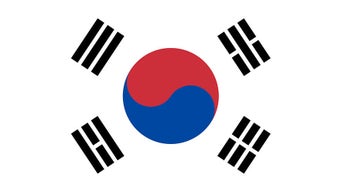 Flag of South Korea with white field, red-blue yin-yang and four black trigrams.