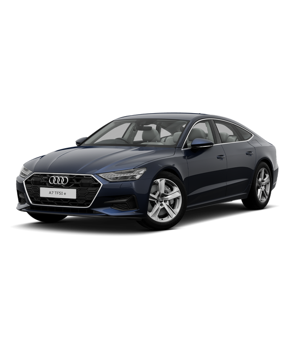 A blue Audi A7 TFSI e sedan sport trim against a plain background.