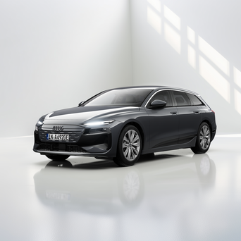 Schwarzer Audi A6 Avant e-tron in einer Halle in der Halbtotalen.