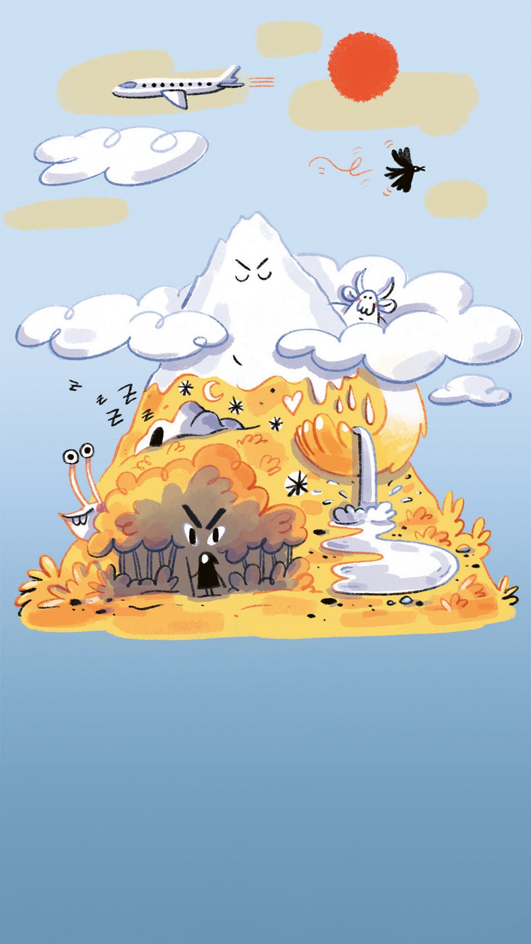 Illustration eines Berges mit Gesicht, umgeben von Wolken, Tieren, Bäumen, einem Flugzeug und einer Sonne vor blauem Hintergrund.