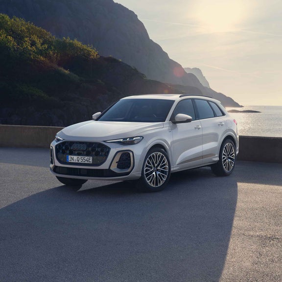 Audi Q5 SUV e-hybrid in Seitenansicht auf einem Parkplatz bei Sonnenuntergang am Wasser