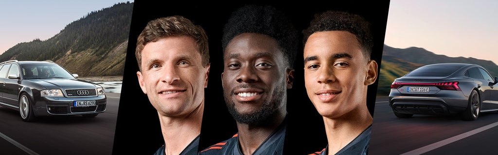 Collage featuring Thomas Müller, Alphonso Davies and Jamal Musiala