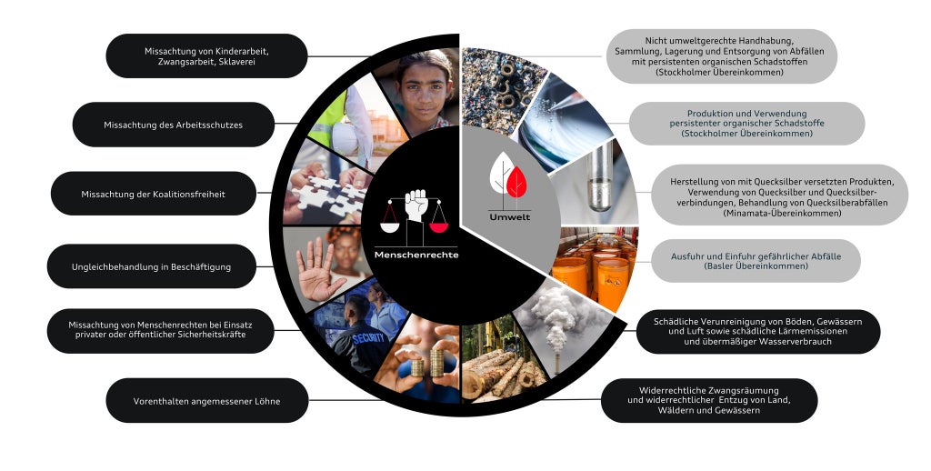Kreisgrafik zu Risiken für Menschenrechte und Umwelt, u. a. Kinderarbeit, Diskriminierung, Abfall und Umweltverschmutzung.
