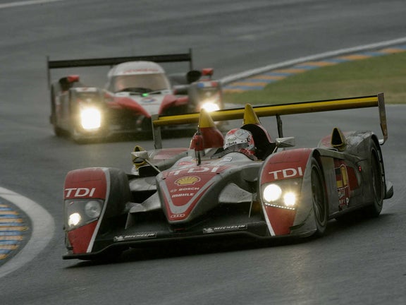 A picture showing the victorious Audi R10 TDI on track at Le Mans in 2008.