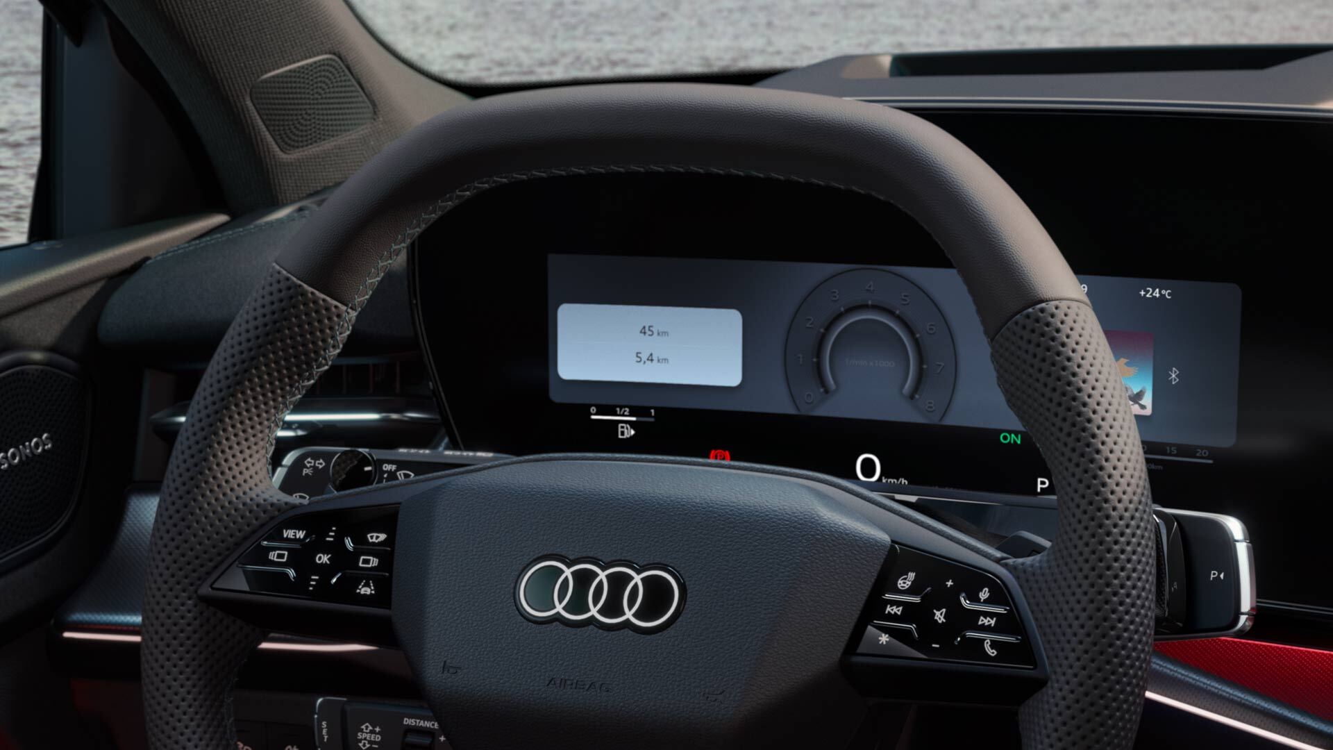 Blick auf das Lenkrad und die digitalen Displays des Audi virtual cockpit plus.
