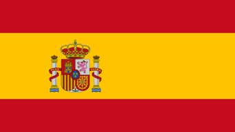 Flag of Spain with red and yellow stripes and the national coat of arms on the left side.