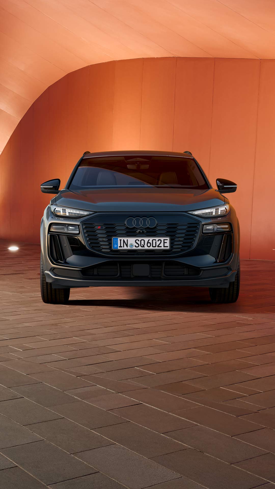Der SQ6 SUV e-tron steht seitlich vor einer Holzhausfassade, während sich eine junge Frau an der offenen Fahrertür festhält. Auf der rechten Seite des Bildes ist der Vorgarten des Hauses zu sehen.