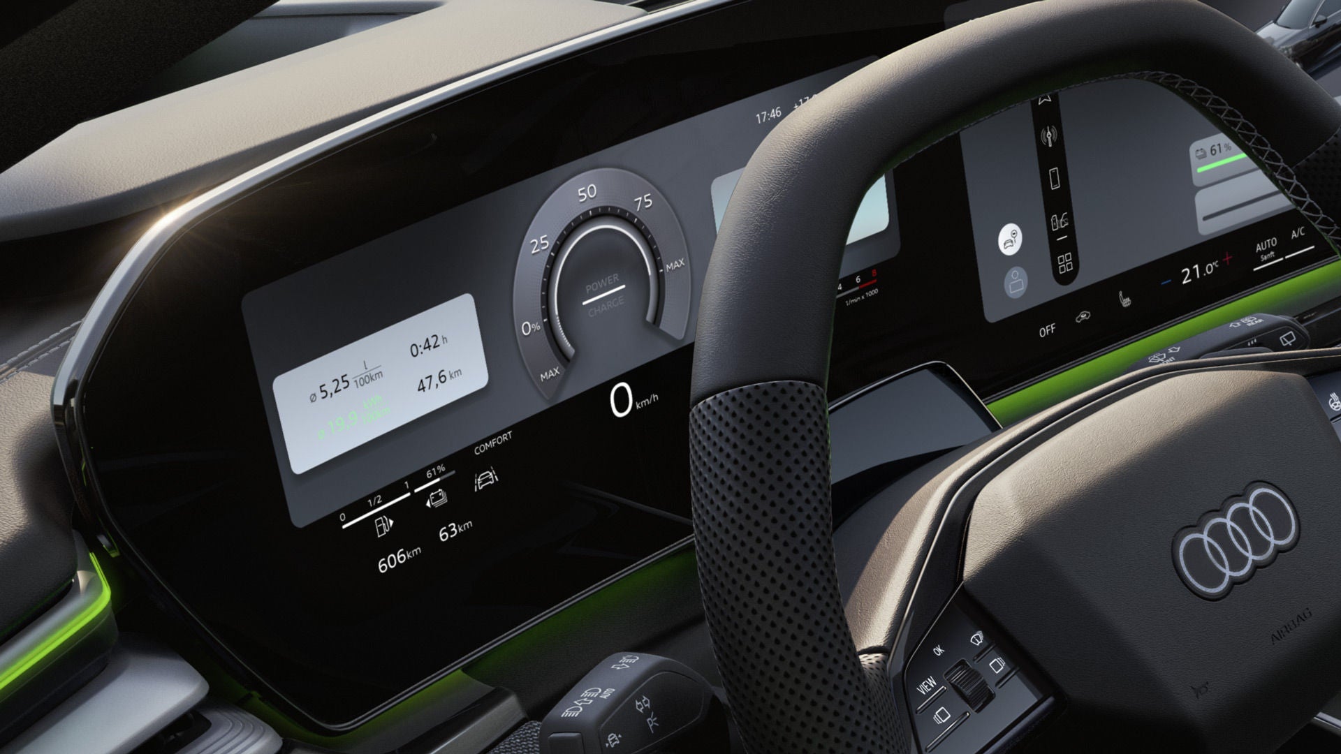 Blick auf das Lenkrad und das Fahrerdisplay des A6 Avant e-hybrid.