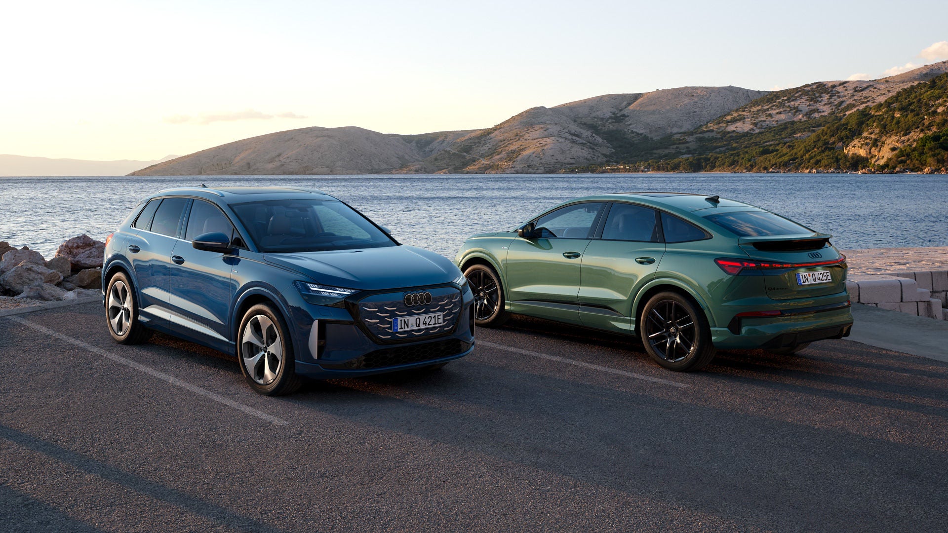 Zwei Audi Q4 e-tron Modelle stehen an einer Küstenstraße vor einer Meeresbucht.